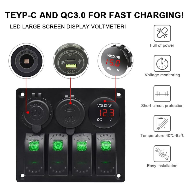 Garfour Green Marine Waterproof Red Boat Switch Panel Aluminium Panel with 12V Voltmeter Type-C and QC3.0 USB Charging Socket Rocker Witch Panel for Car Boat - Image 3
